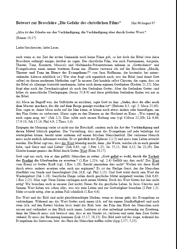 Die Gefahr des christlichen Films - Beiwort (Patrick Tschui)